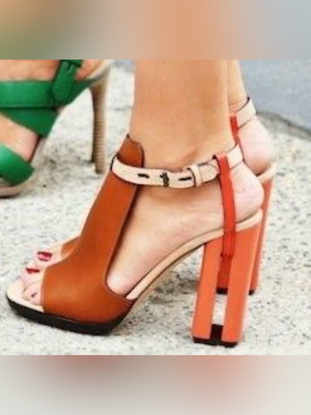 Reed Krakoff Two-Tone Tan and Coral Block Heel Sandals